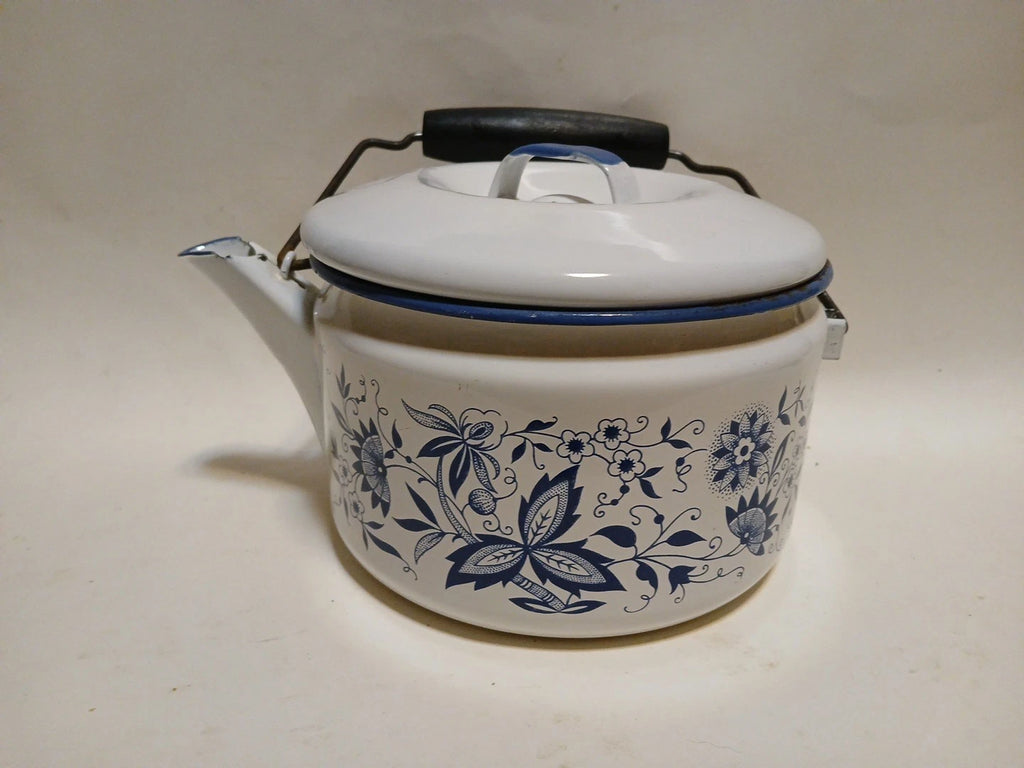 Vintage Blue Onion Danube Style Enamel Teapot Metal Bail Wood Handle 4.5"×8"