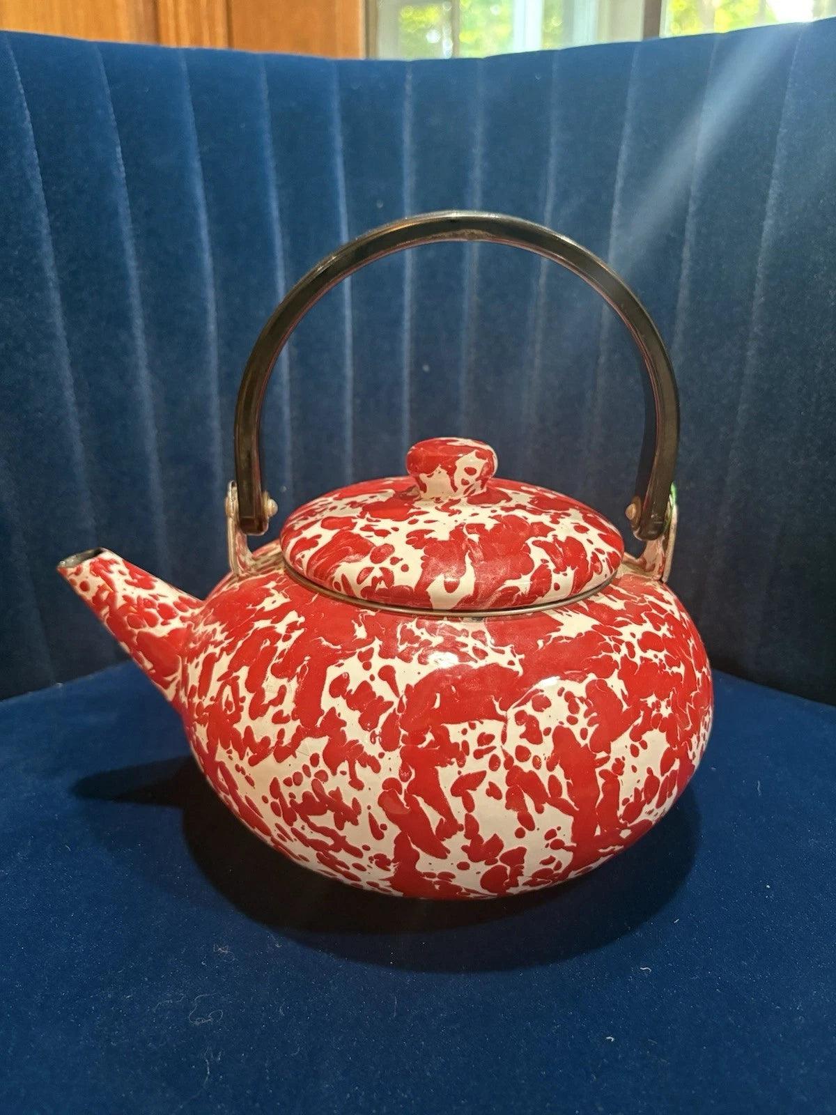 Vintage Red Enamelware Splatter Graniteware Tea Kettle Teapot