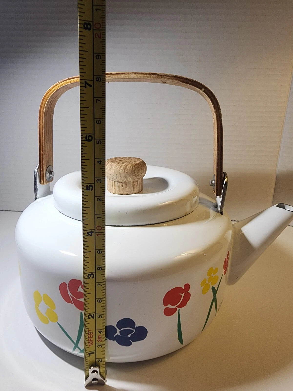 Vintage Saltera Himark Enamel RARE Teapot MCM Red Yellow Floral With Wood Handle