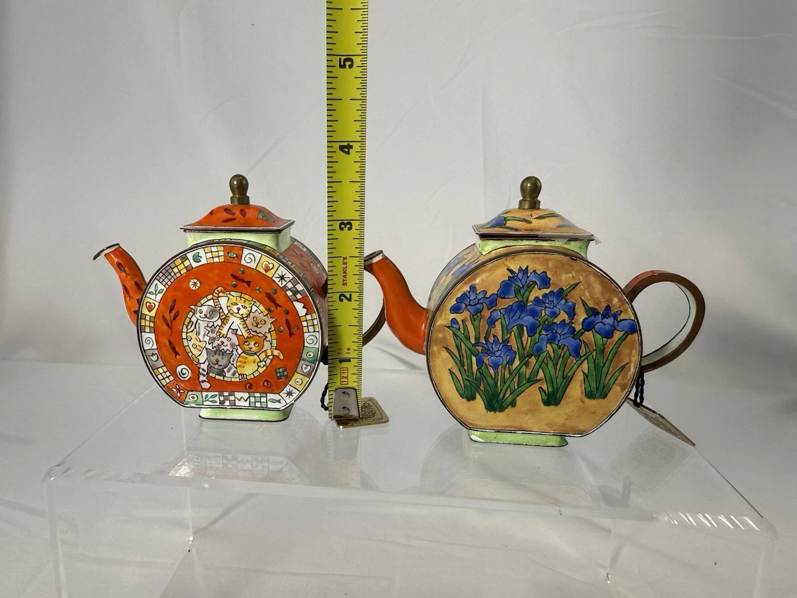 Vintage Mini Teapot Trade Plus Aid Cats & Flower Certified Enamel Hand PaintedW3