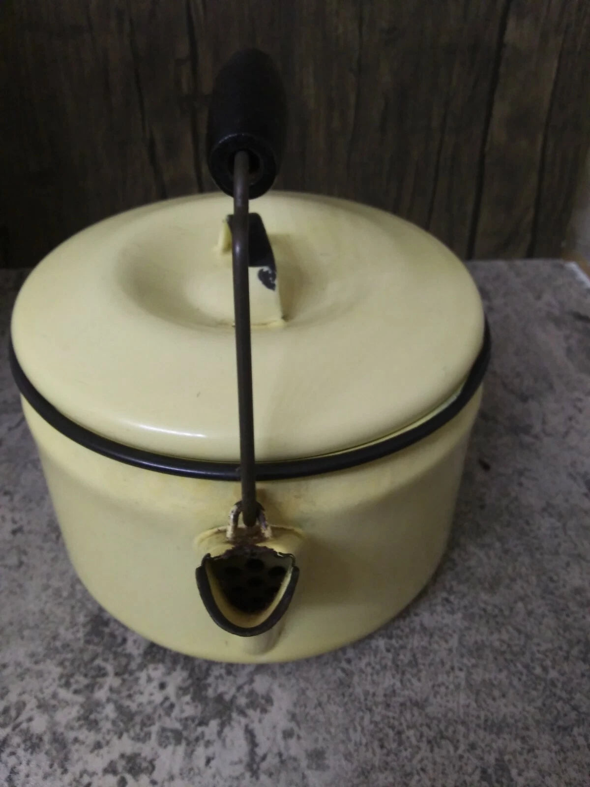 Vintage Yellow Enamel Teapot Metal bail, Wood Handle Farmhouse Decor, Planter
