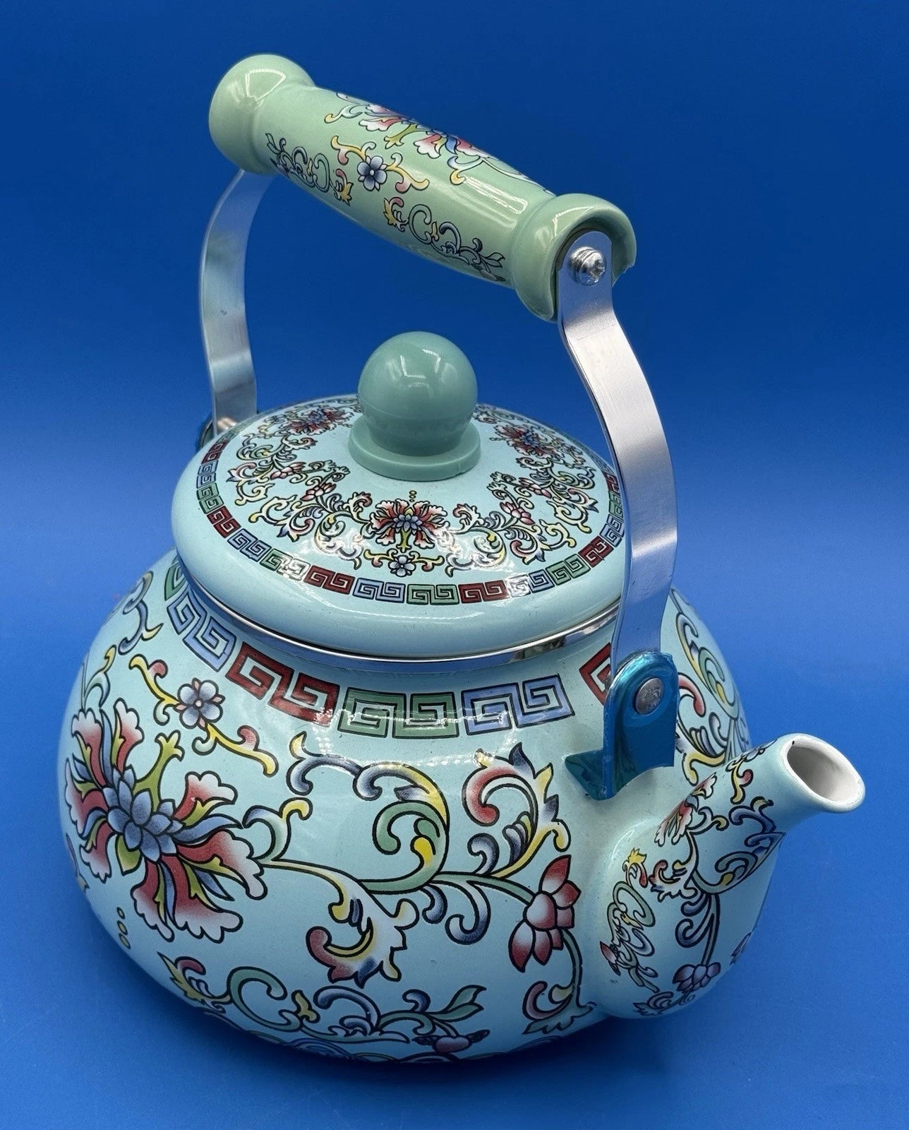 Chinese Style Enamel Tea Kettle 2.6 Qt Floral Cloisonné Pattern Light Blue Pot | eBay