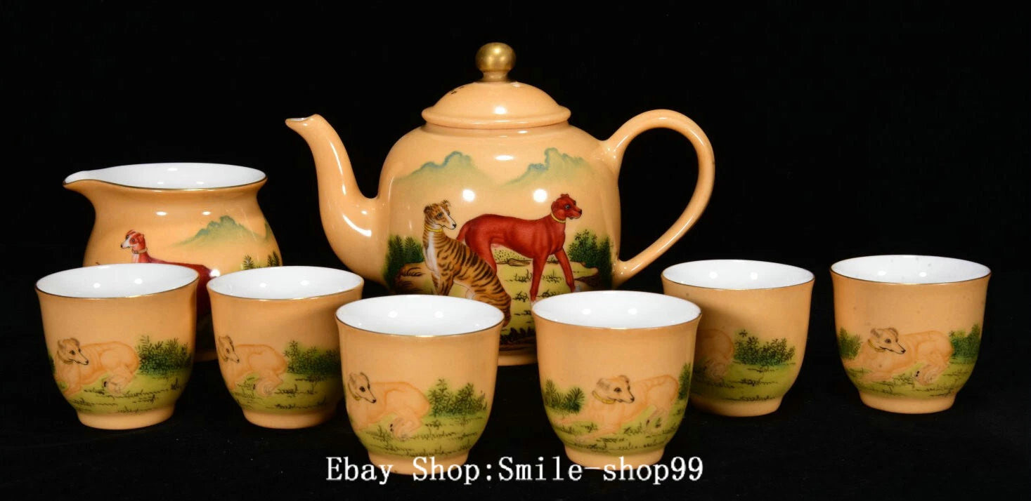 6.2" Yongzheng Enamel Colour Porcelain Pastoral Dogs Animal Tea Pot Cup Set | eBay