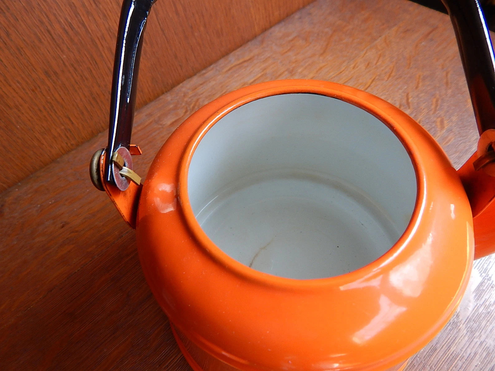 Vintage Orange Enamel Tea pot Mid Century Black Enamel Handle CLEAN
