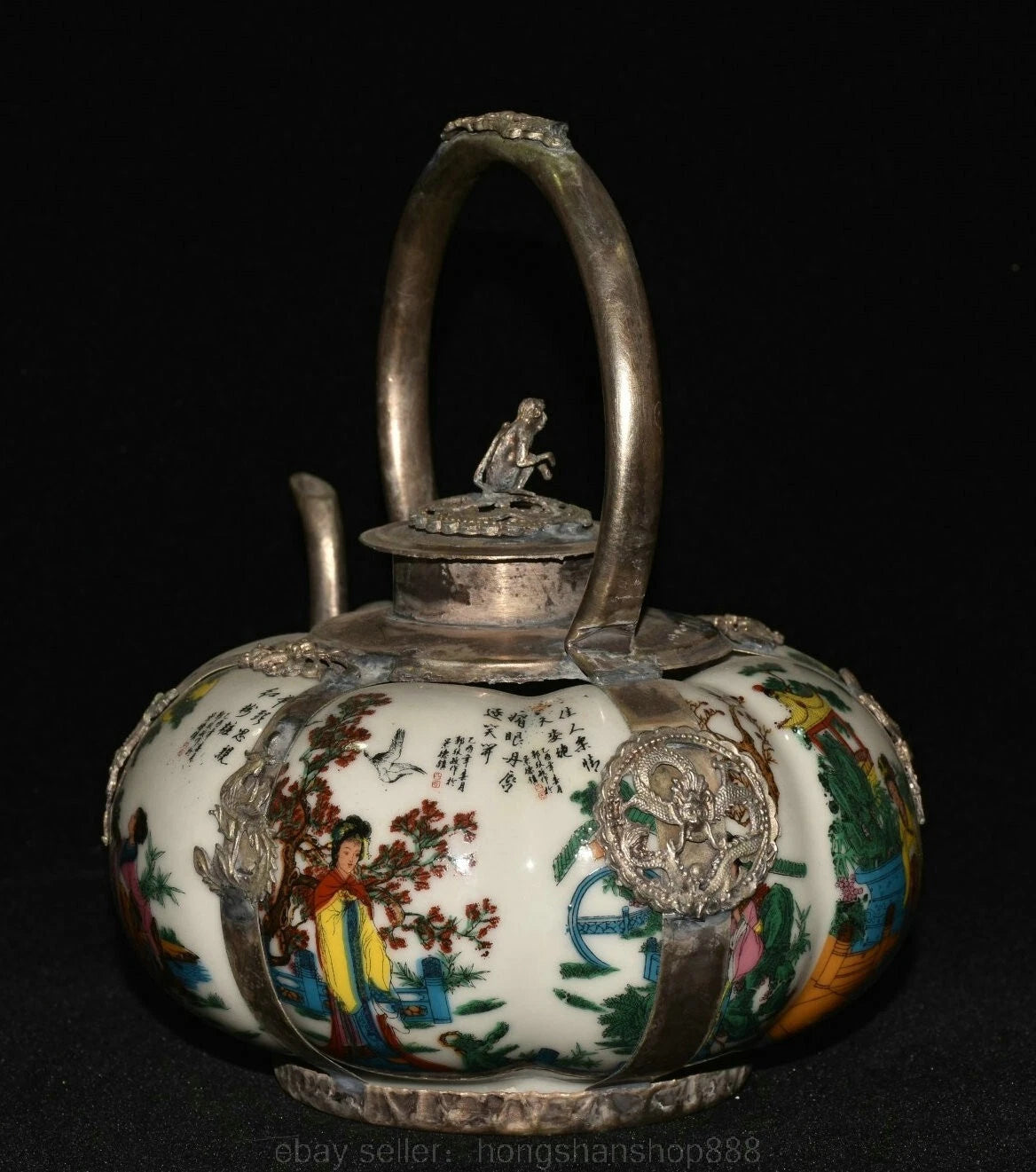 6.8" Old Chinese Silver Enamel Porcelain Beauty Belle Portable Kettle Teapot | eBay