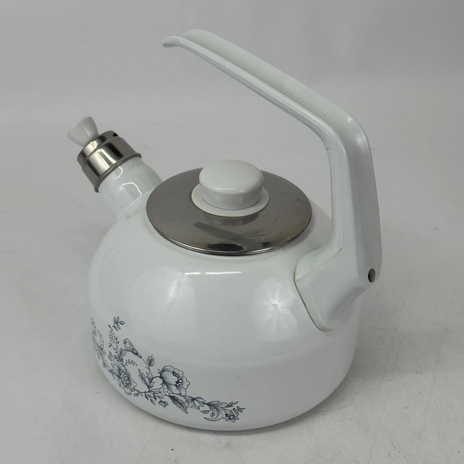 Vintage White Enamelware Whistling Tea Kettle With Blue Floral Pattern | eBay