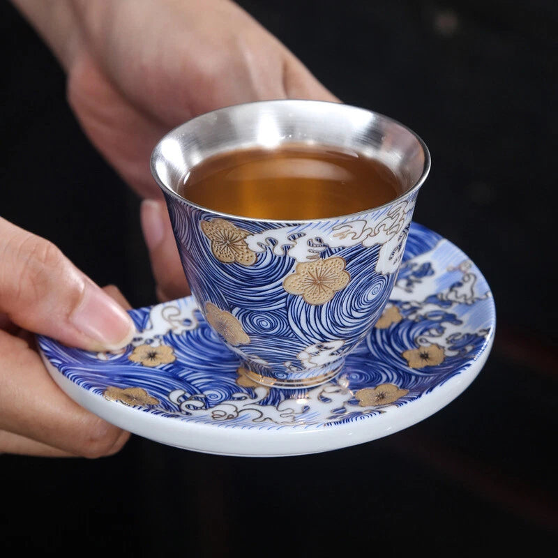 Pure Silver Tea Set Health Care Jingdezhen Color Enamel Porcelain Gaiwan Pot Cup