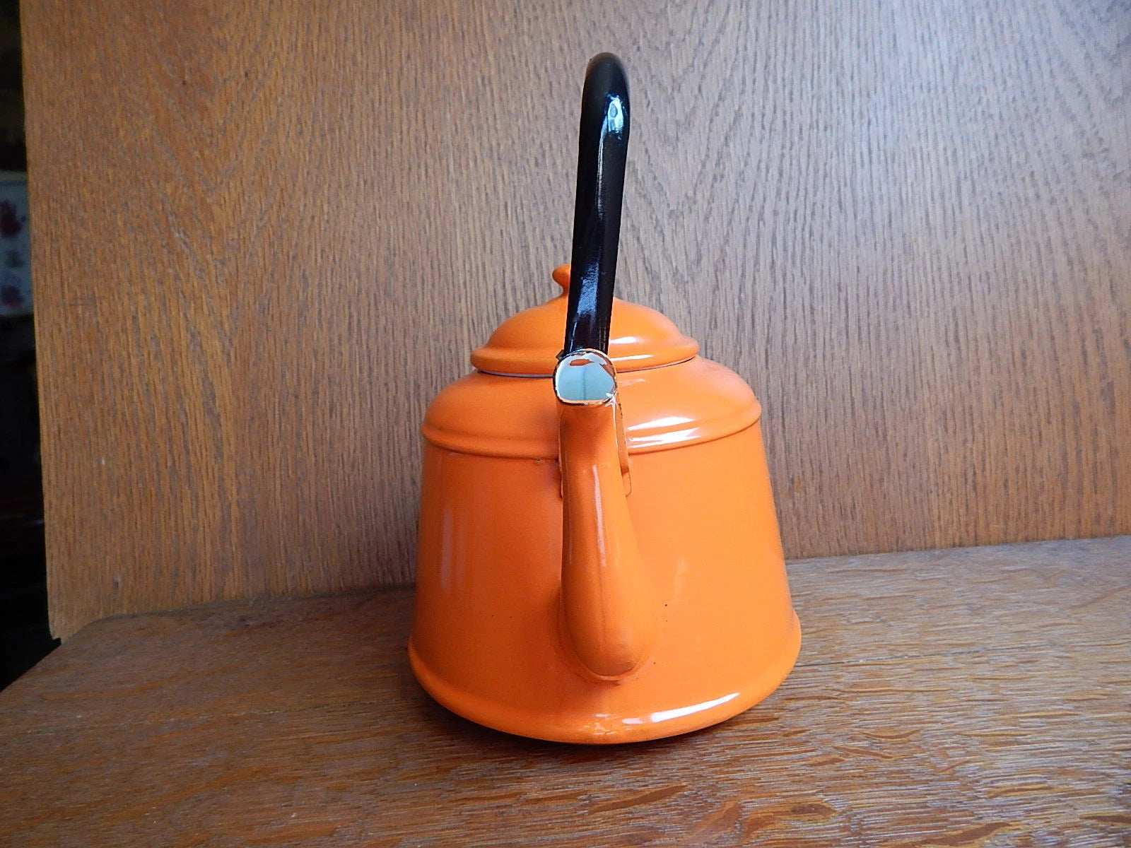 Vintage Orange Enamel Tea pot Mid Century Black Enamel Handle CLEAN