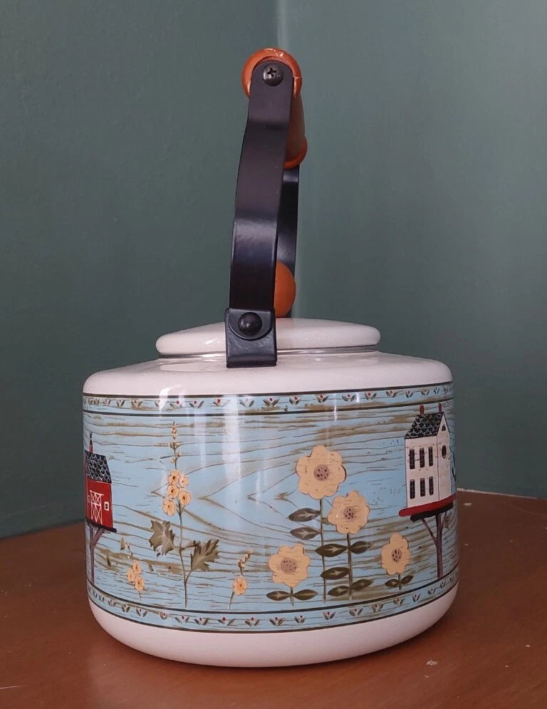 Vintage Warren Kimble Enamel Birdhouse Teapot Wood Handle and Knob