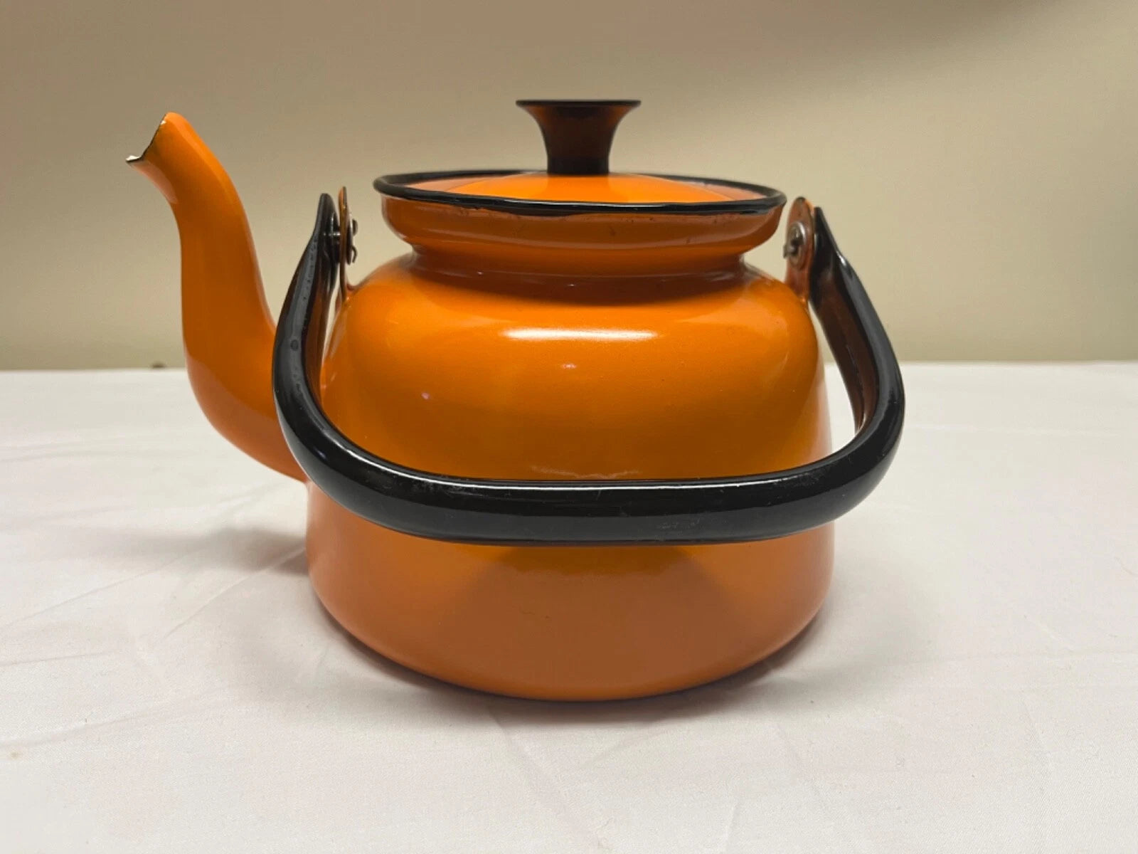 Huta Selesia Vintage enamelware teapot orange with lid made in Poland