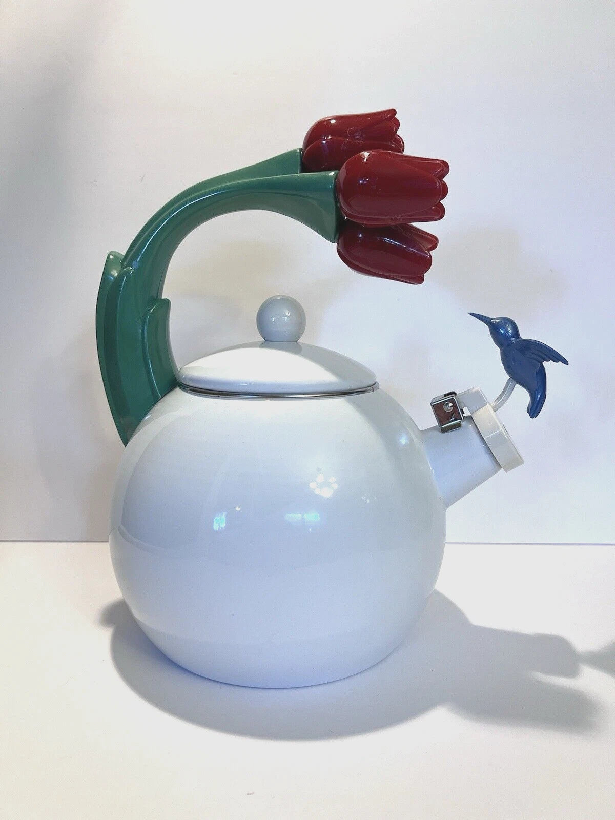 Ancona Hummingbird Tea Kettle Pot White Enamel Red Tulips Whistling Vintage 90s | eBay