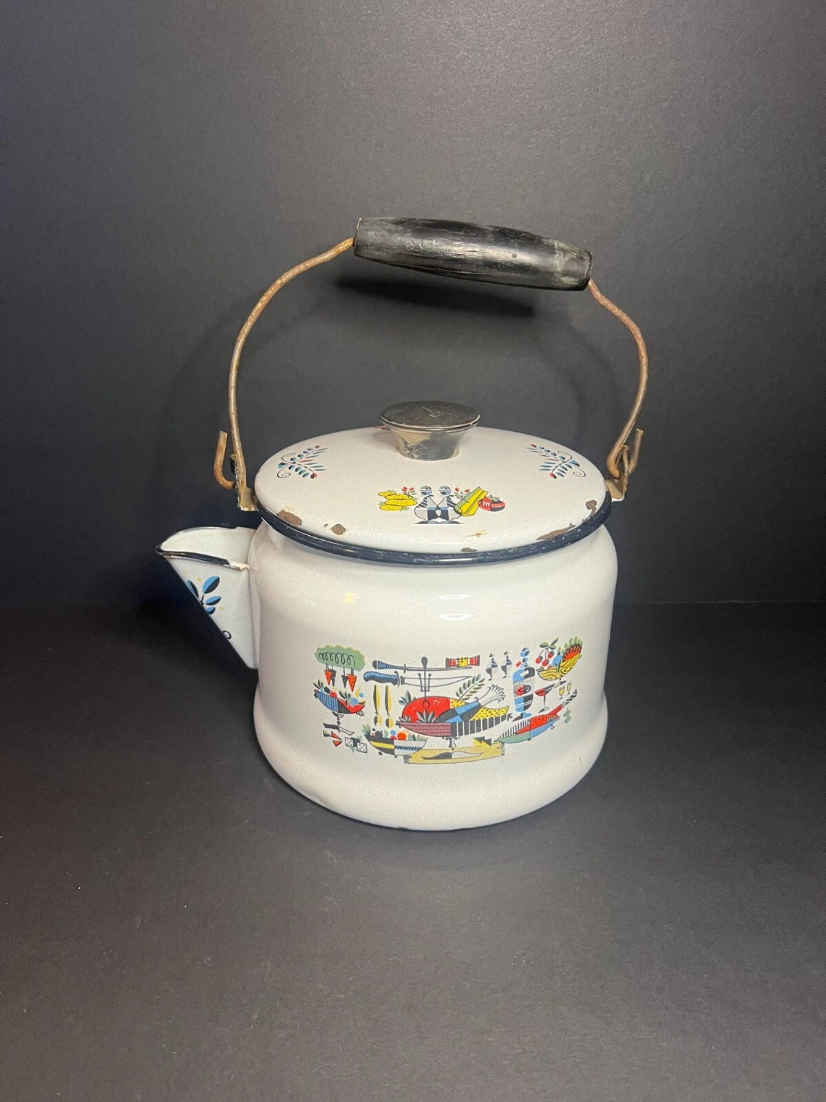 Vintage MCM 1950s Rare Thanksgiving Themed White Enamel Tea Kettle Pot w/ Handle | eBay
