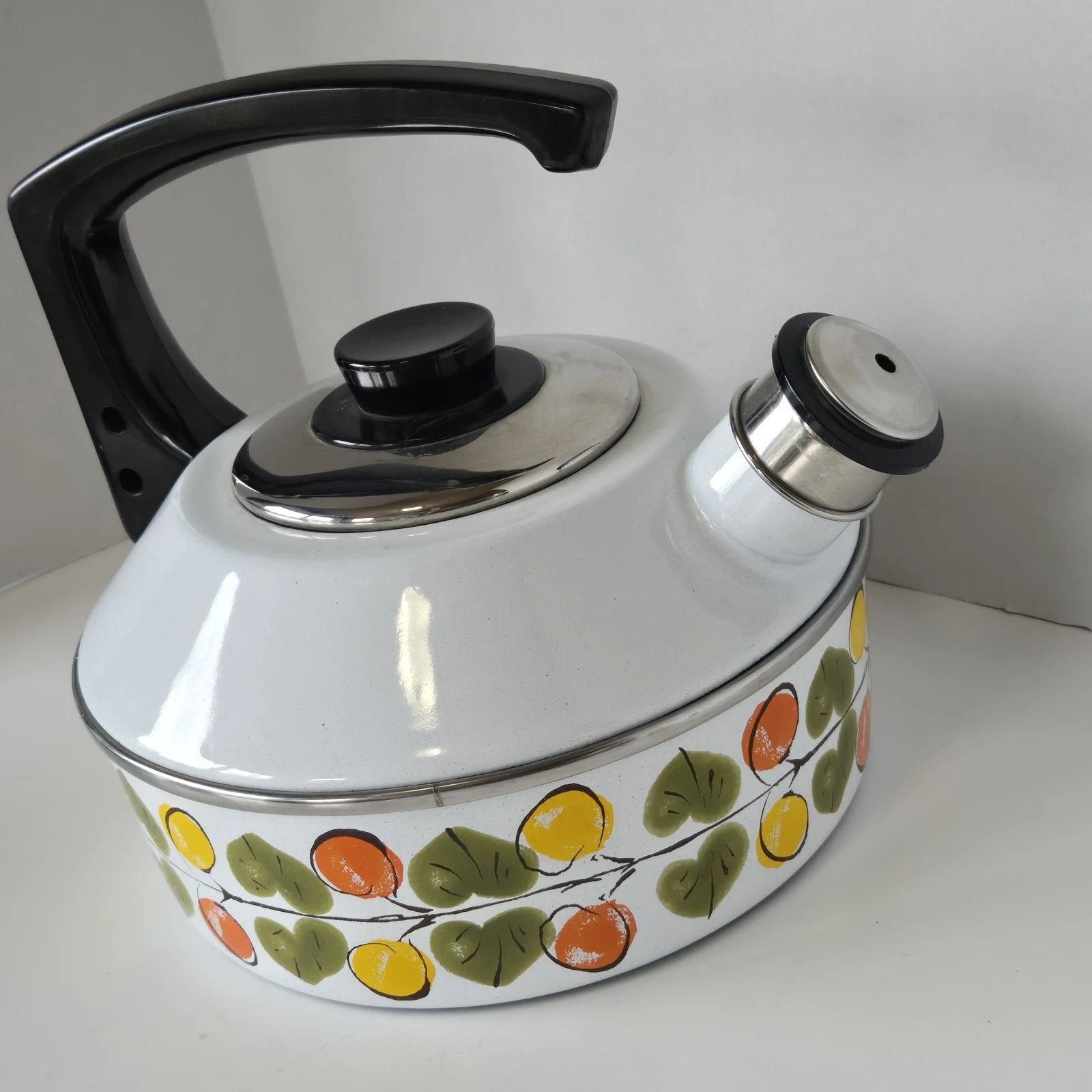 Vintage Enamel Tea Pot Kettle Whistles Lemon Orange Leaves Austria Email MCM | eBay
