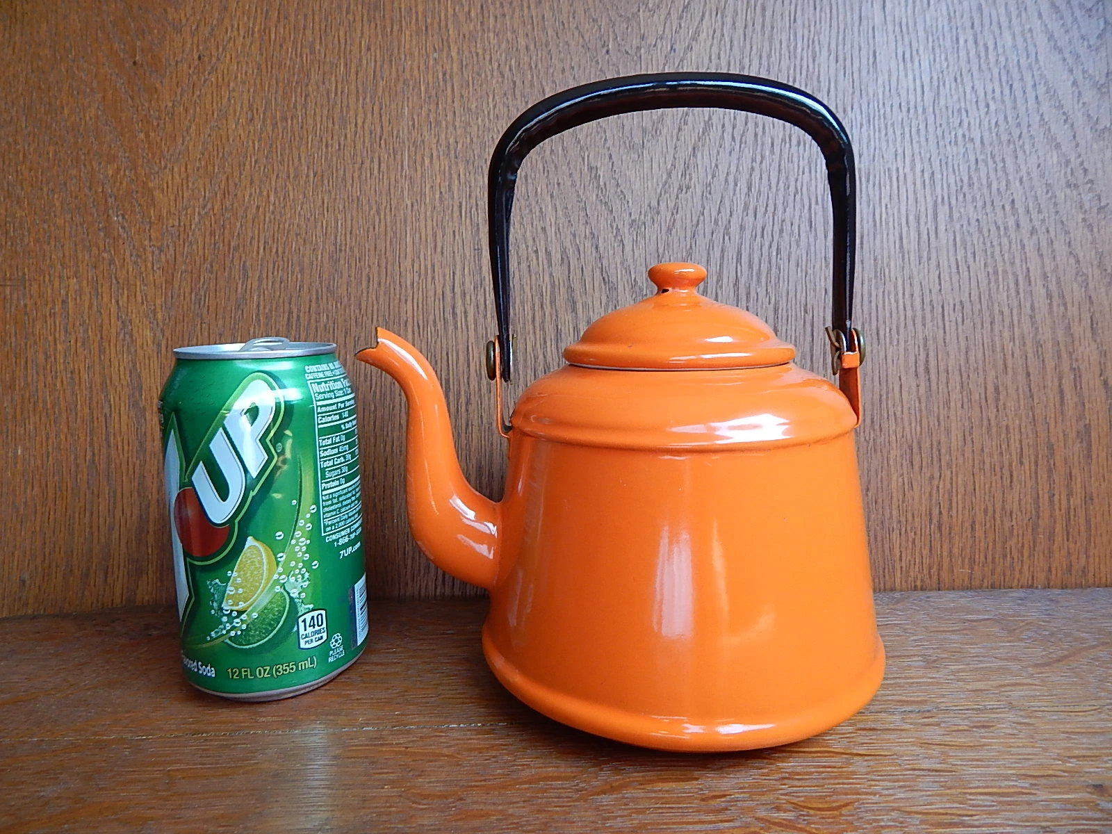 Vintage Orange Enamel Tea pot Mid Century Black Enamel Handle CLEAN