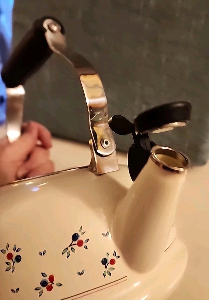 Vintage LeCreuset Enamel Floral Tea Kettle with Whistling Spout