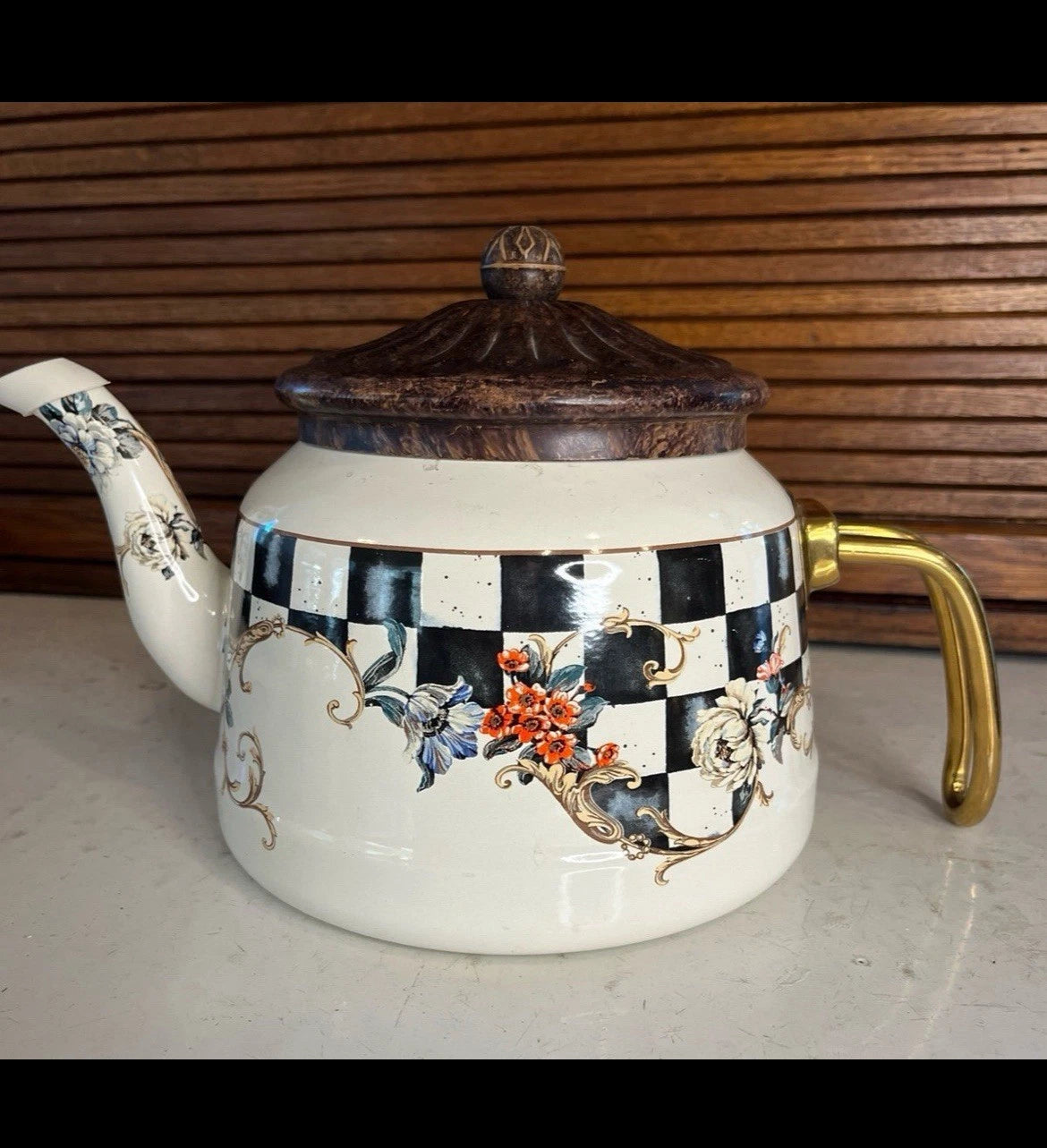 Vintage Emsan Enamel Teapot Kettle Brass Handle French Cottagecore Decor | eBay