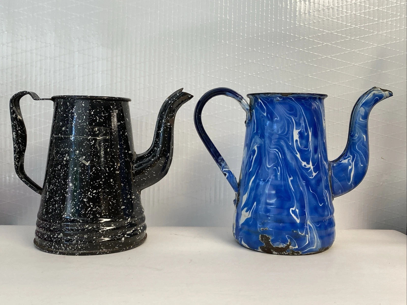 Vintage Graniteware Enamel Gooseneck Farmhouse Coffee Tea Pot Kettle blue swirl | eBay