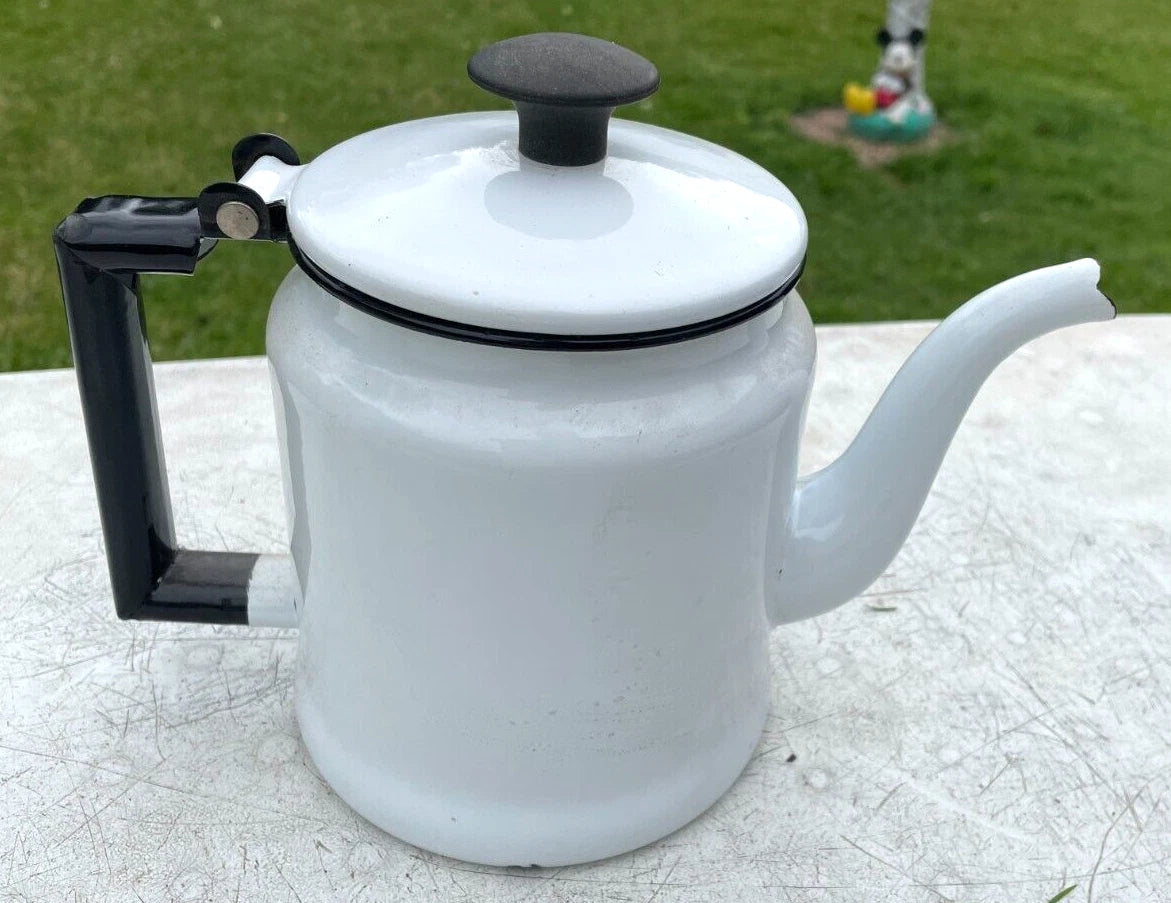 Vtg Enamelware Tea/Coffee Pot White & Black w/Lid