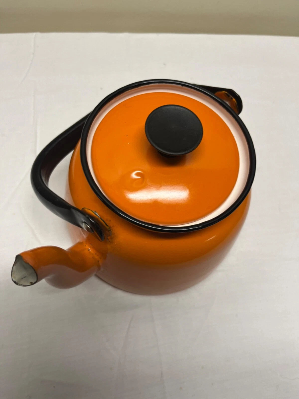 Huta Selesia Vintage enamelware teapot orange with lid made in Poland