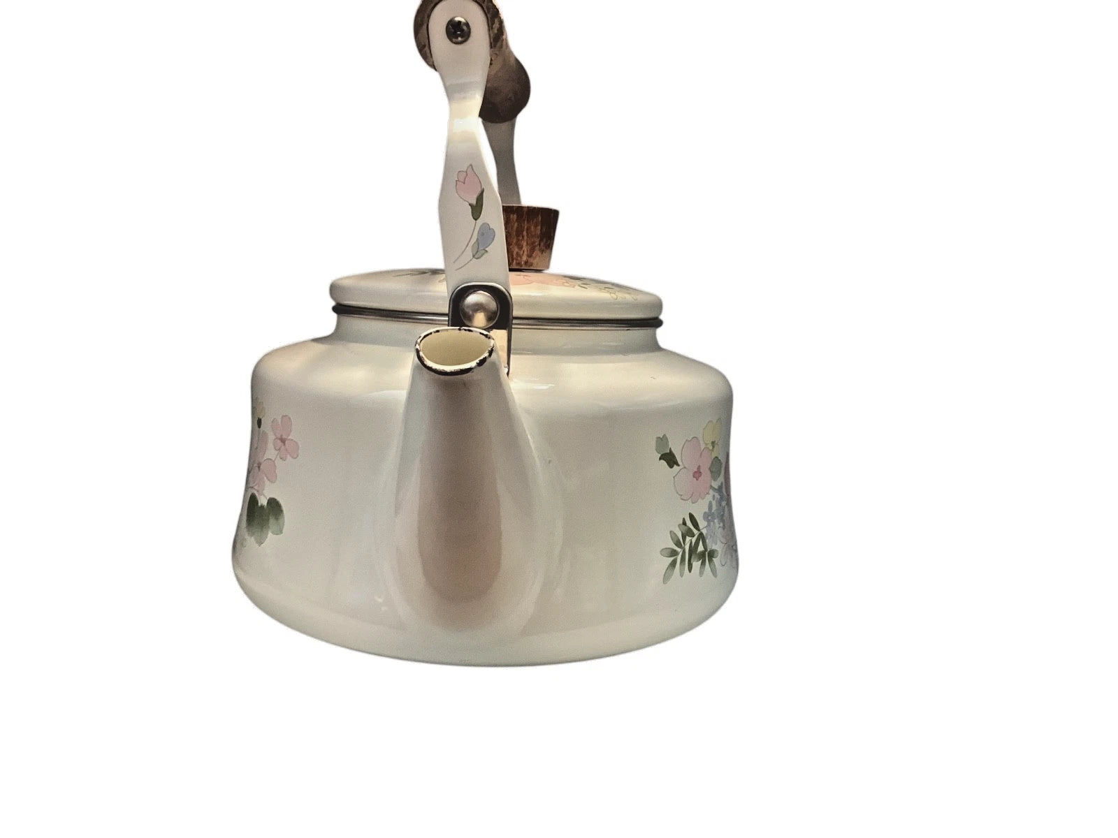 Kobe Kettle Japan Vintage White Floral Enamel Teapot Wooden Handle Decorative