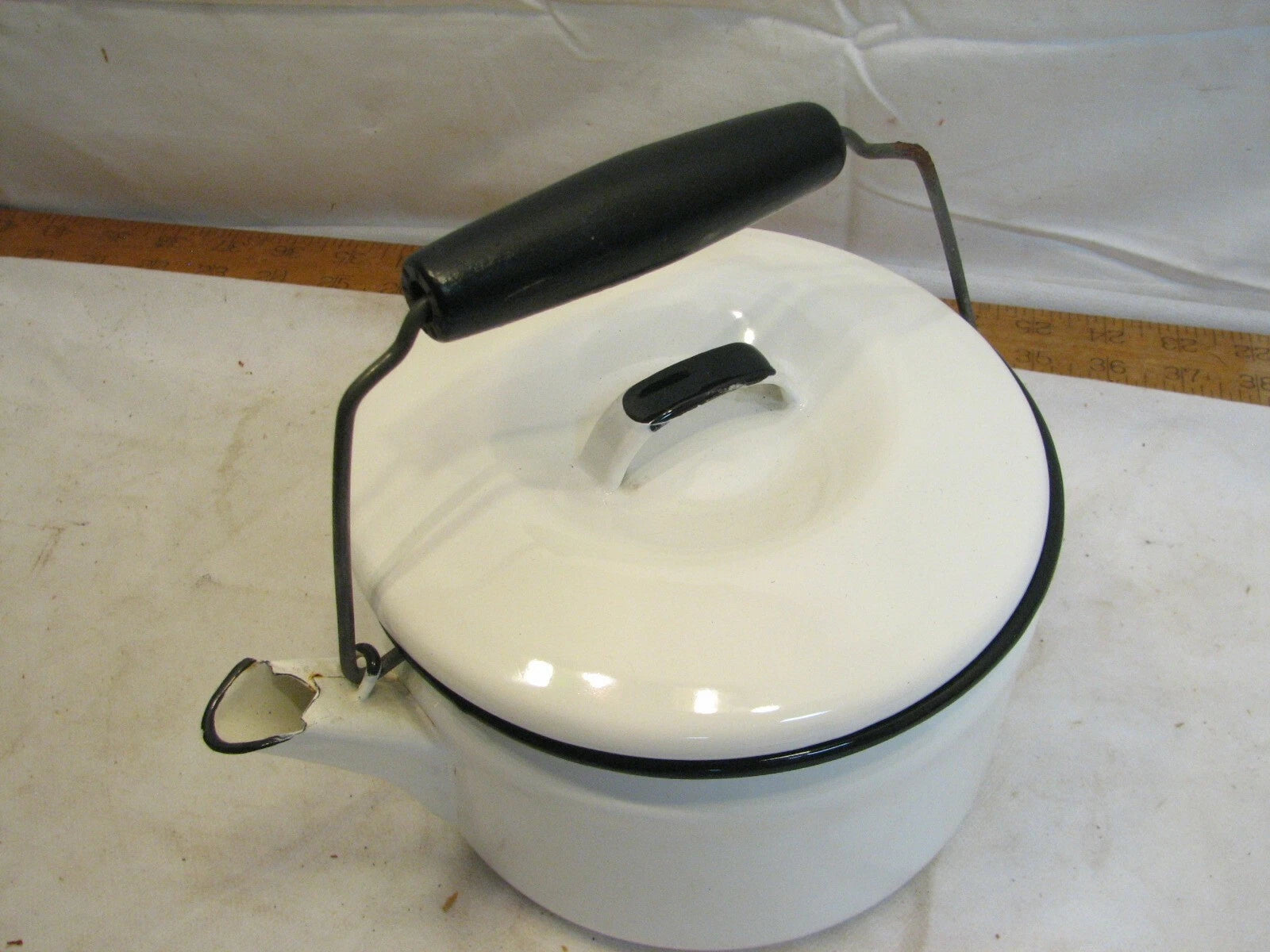 Vintage White Enamel Ware Tea Pot Kettle Teapot Fireplace Camping Cabin Coffee