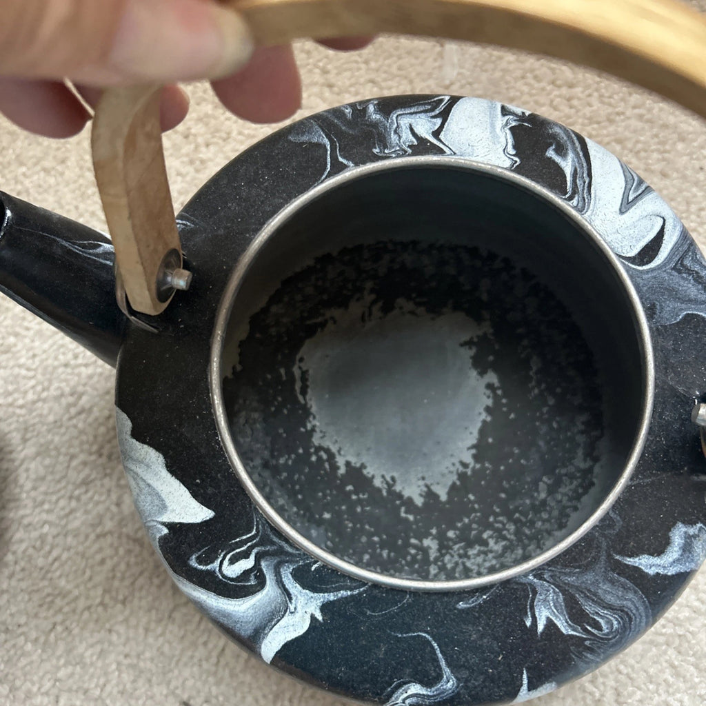 Black and White Marbled Enamel Teapot/Kettle with Wood Handle and Matching Knob | eBay