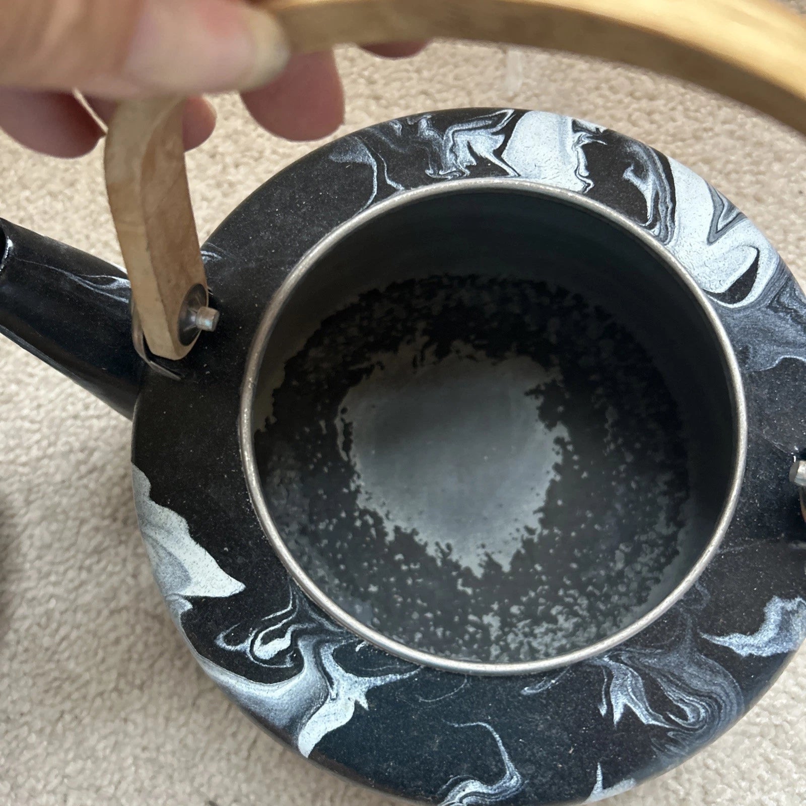 Black and White Marbled Enamel Teapot/Kettle with Wood Handle and Matching Knob | eBay