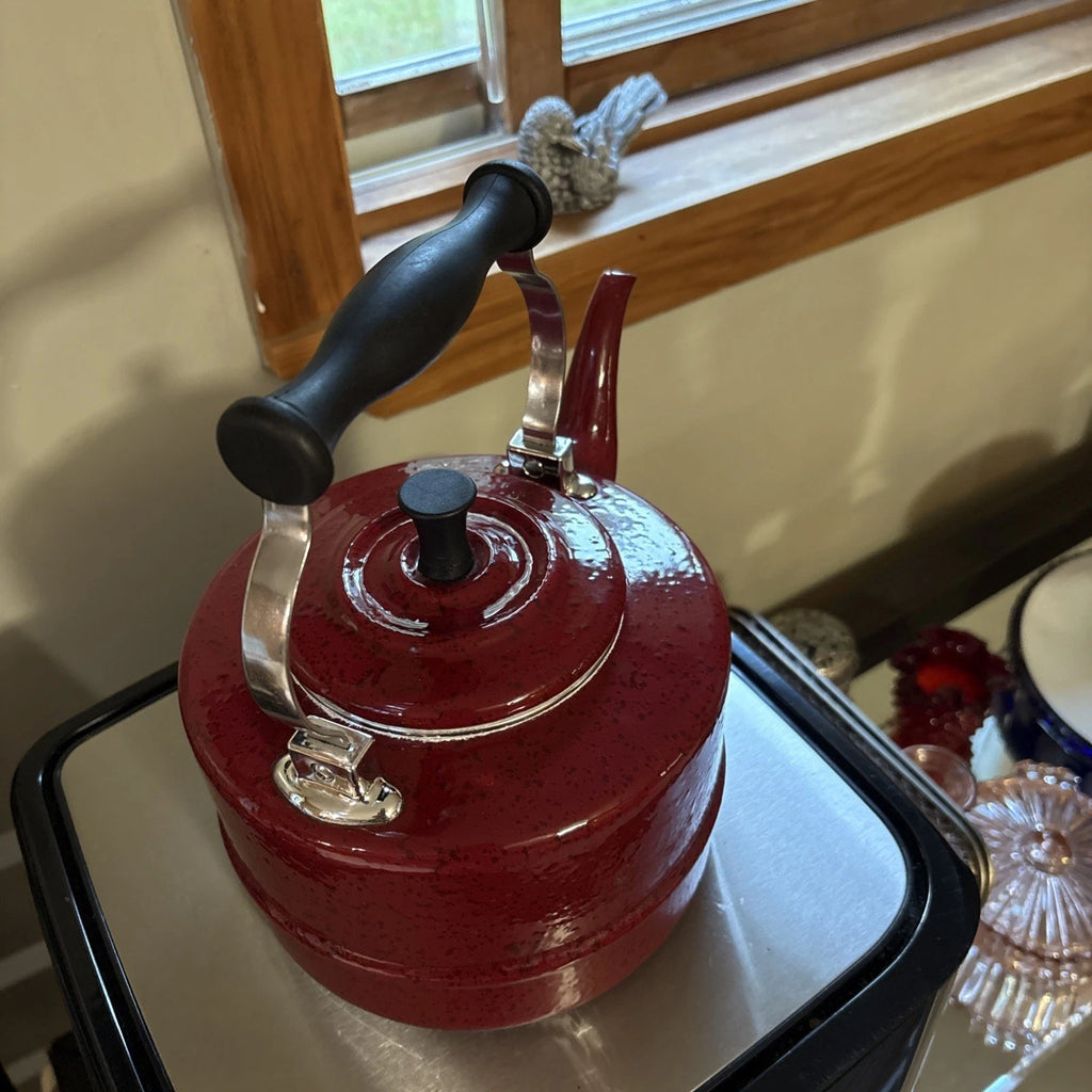 Classic PD Paula Deen Signature Speckled Burgundy Enamel Tea Pot Kettle! | eBay