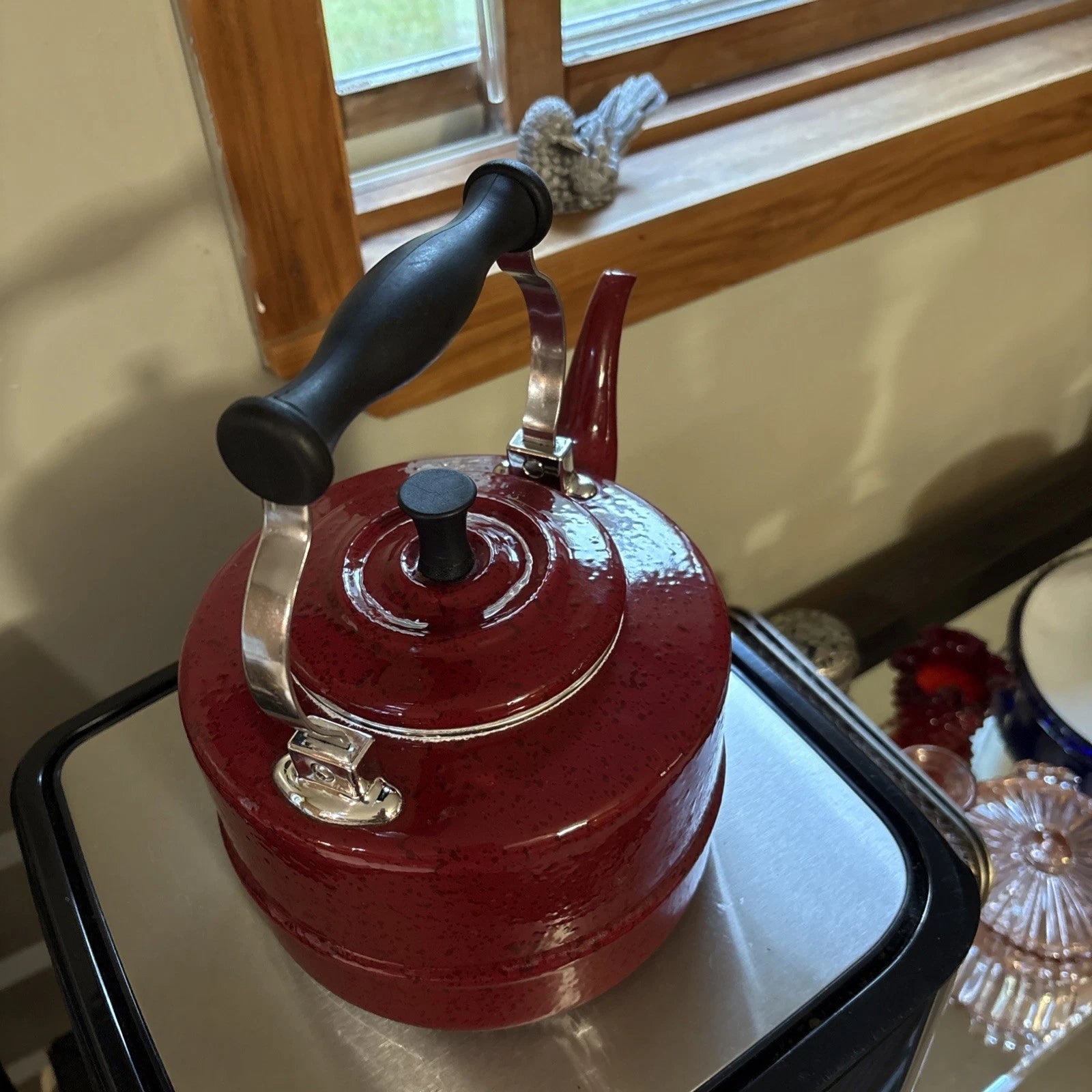 Classic PD Paula Deen Signature Speckled Burgundy Enamel Tea Pot Kettle! | eBay