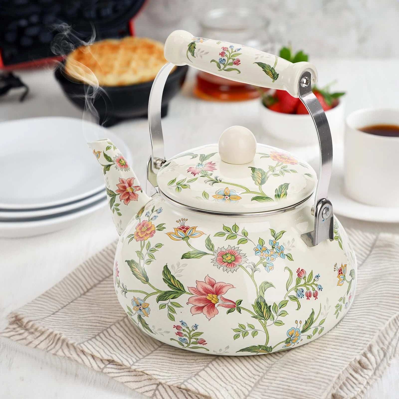 2.6 Quart Vintage Enamel Tea Kettle Green Floral Enamel On Steel Teapot With Coo | eBay