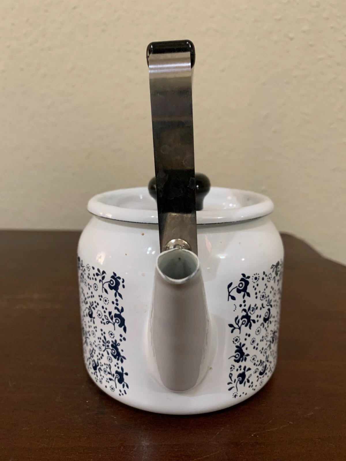 Vintage Porcelain Enamel On Steel Teakettle 1qt Floral White Blue JC Penny Japan | eBay