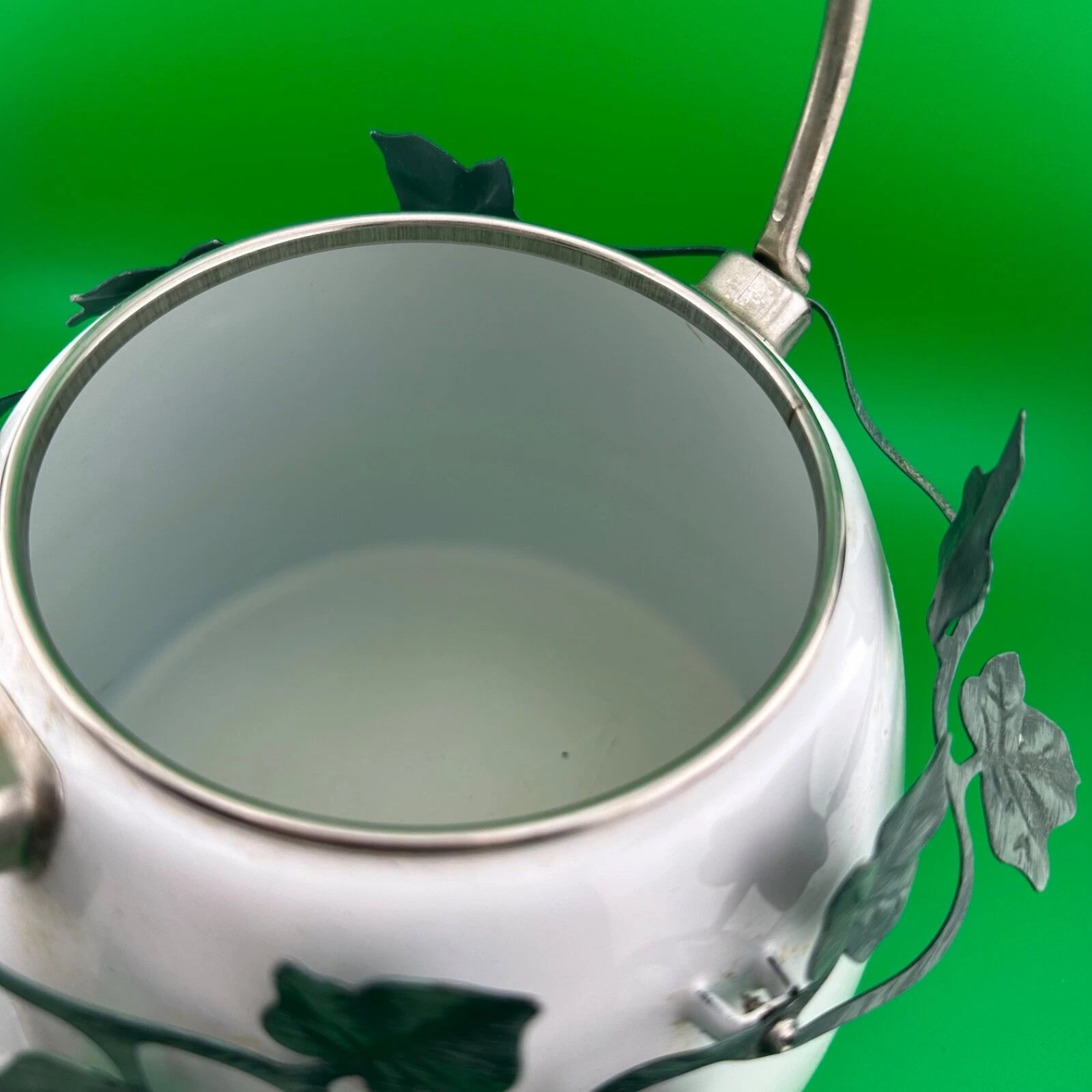 White Enamel Steam Tea Kettle with Ring of Green Metal Leaves | eBay