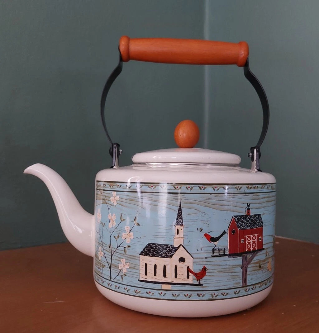 Vintage Warren Kimble Enamel Birdhouse Teapot Wood Handle and Knob