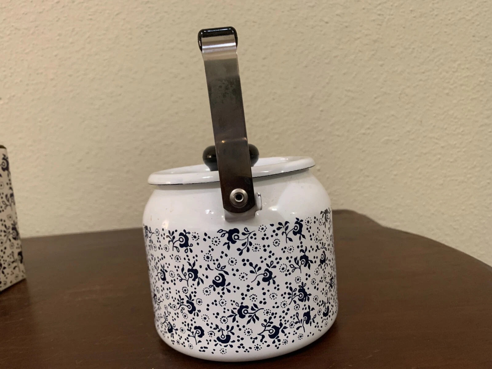 Vintage Porcelain Enamel On Steel Teakettle 1qt Floral White Blue JC Penny Japan | eBay