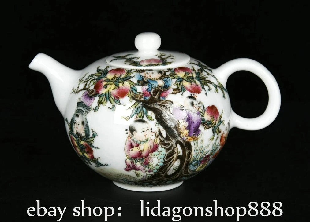 8.9" Qianlong Marked Enamel Porcelain Child Words Pattern Tea Pot Plate Set