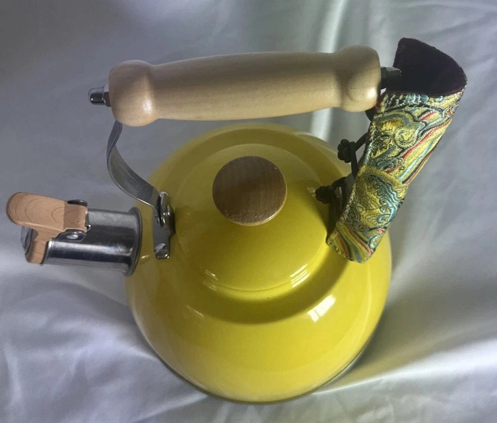 VTG Yellow Enamel w/ Wood & Chrome Detail Tea Kettle with handmade handle cozy