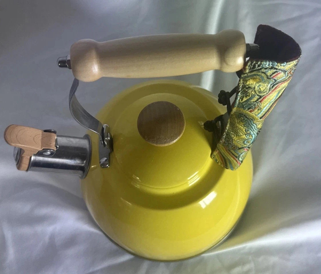 VTG Yellow Enamel w/ Wood & Chrome Detail Tea Kettle with handmade handle cozy