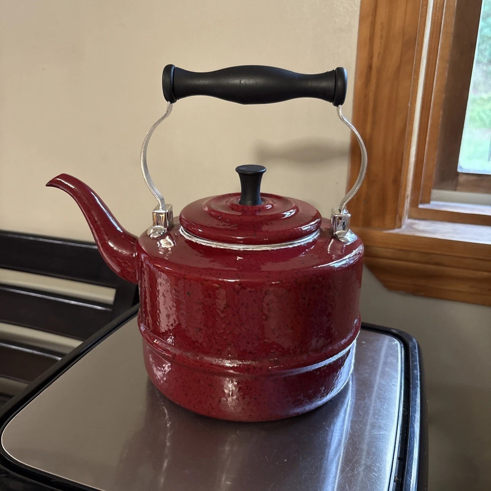 Classic PD Paula Deen Signature Speckled Burgundy Enamel Tea Pot Kettle! | eBay