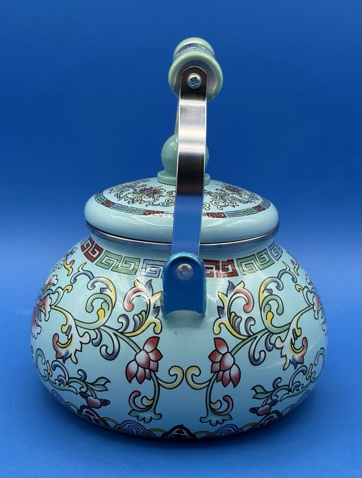 Chinese Style Enamel Tea Kettle 2.6 Qt Floral Cloisonné Pattern Light Blue Pot | eBay