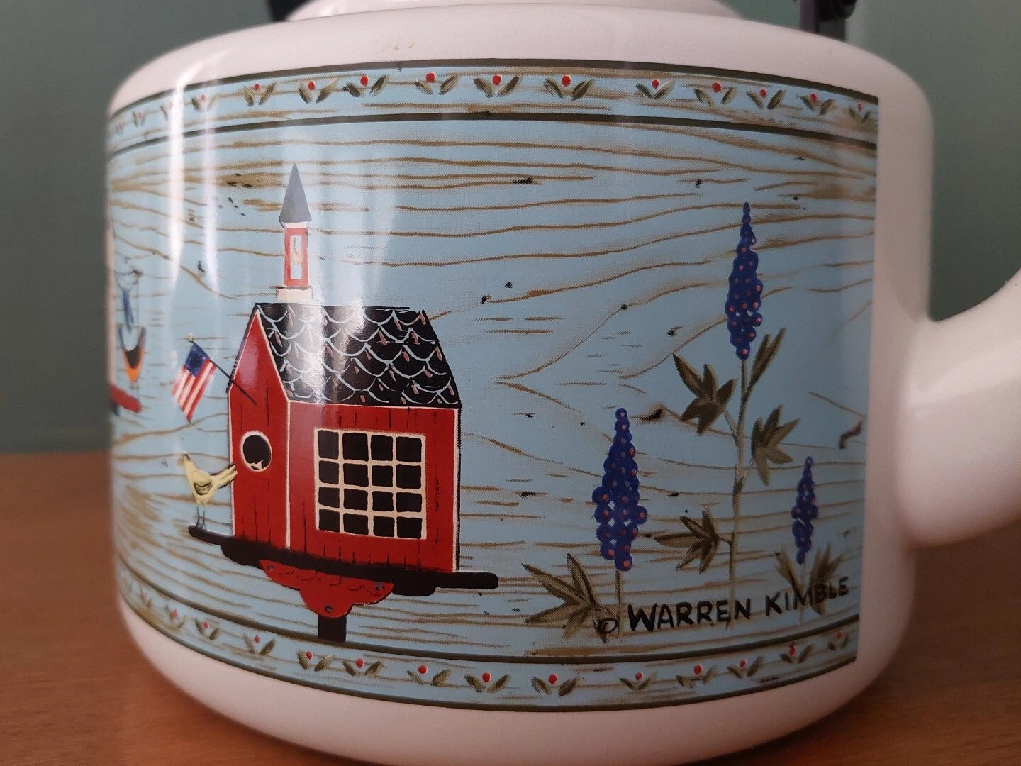 Vintage Warren Kimble Enamel Birdhouse Teapot Wood Handle and Knob