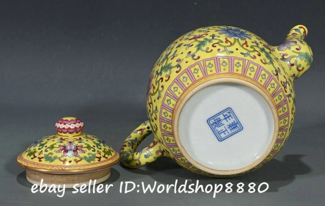 6.8" Yongzheng Marked Yellow Enamel Porcelain Flower Pattern Lid Wine Tea Pot | eBay