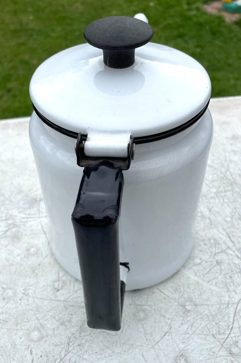 Vtg Enamelware Tea/Coffee Pot White & Black w/Lid