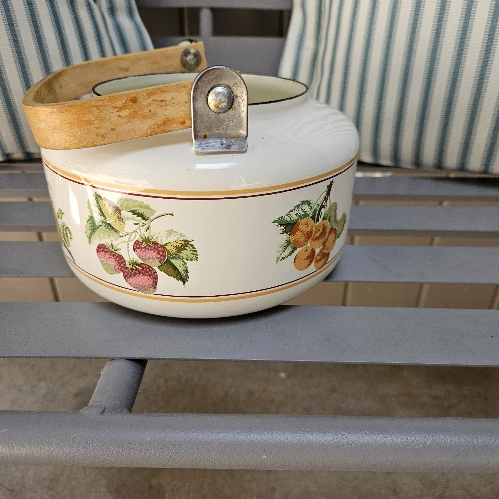 Vintage MCM Enamel Tea Kettle Teapot Bamboo Handle Fruit Print Cream Color NICE! | eBay