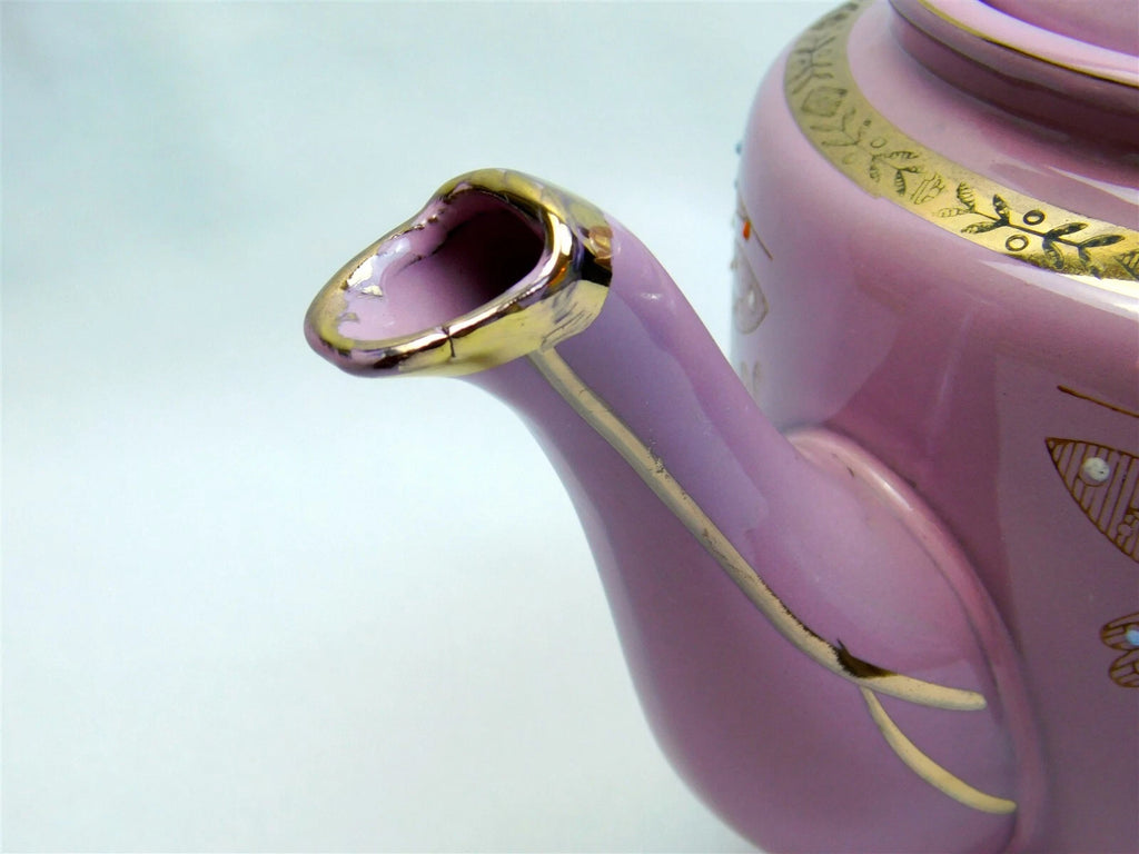 Vtg Pink Gold Glazed REDWARE Teapot Butterfly Enamel Moriage Hand Painted 7"
