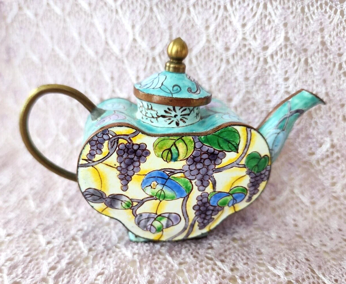 Vintage Chinemel  B. Yee Enamel Miniature Teapot Tiffany Style Grapevine Design