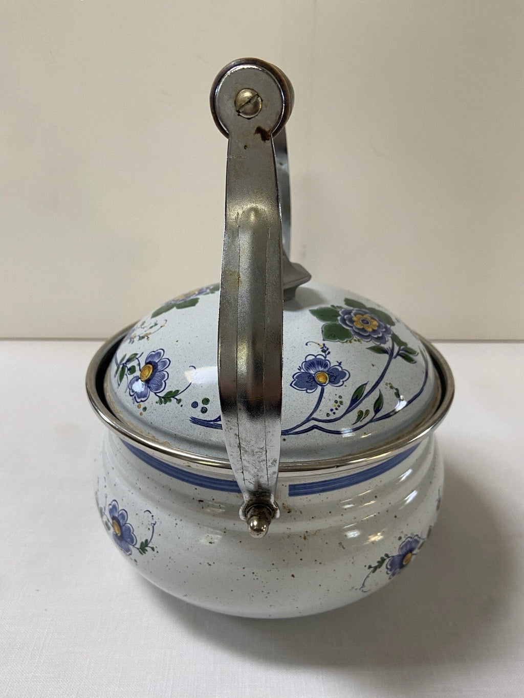 Vtg ASTA Enamel Cookware Tea Pot Kettle Wood Handle Blue Green Floral Speckled | eBay