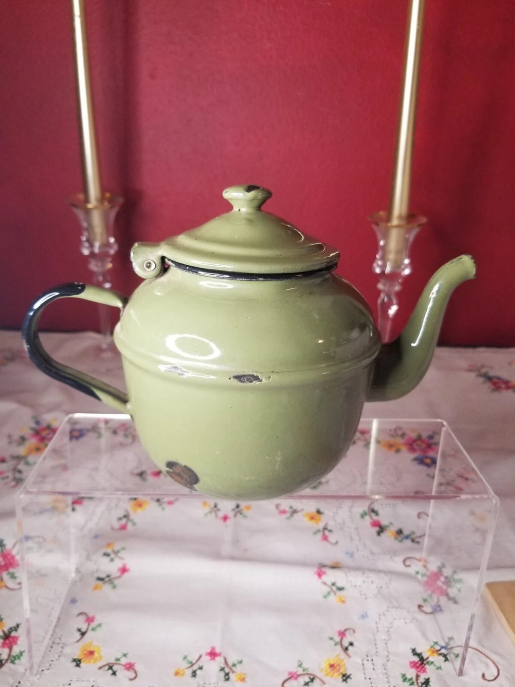 VINTAGE Olive GREEN ENAMELWARE TEAPOT MADE IN POLAND 12 GOOSENECK SPOUT | eBay