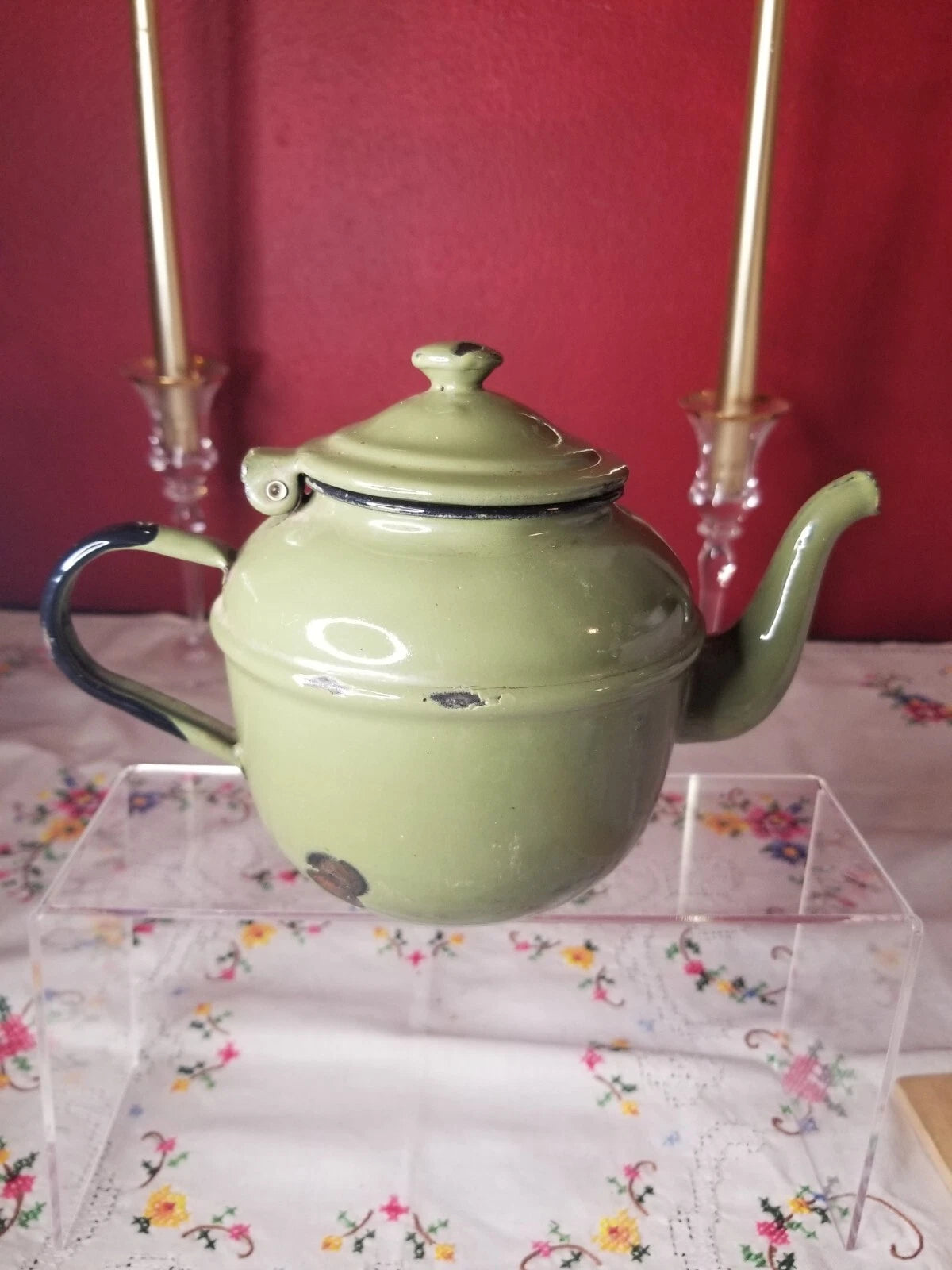VINTAGE Olive GREEN ENAMELWARE TEAPOT MADE IN POLAND 12 GOOSENECK SPOUT | eBay