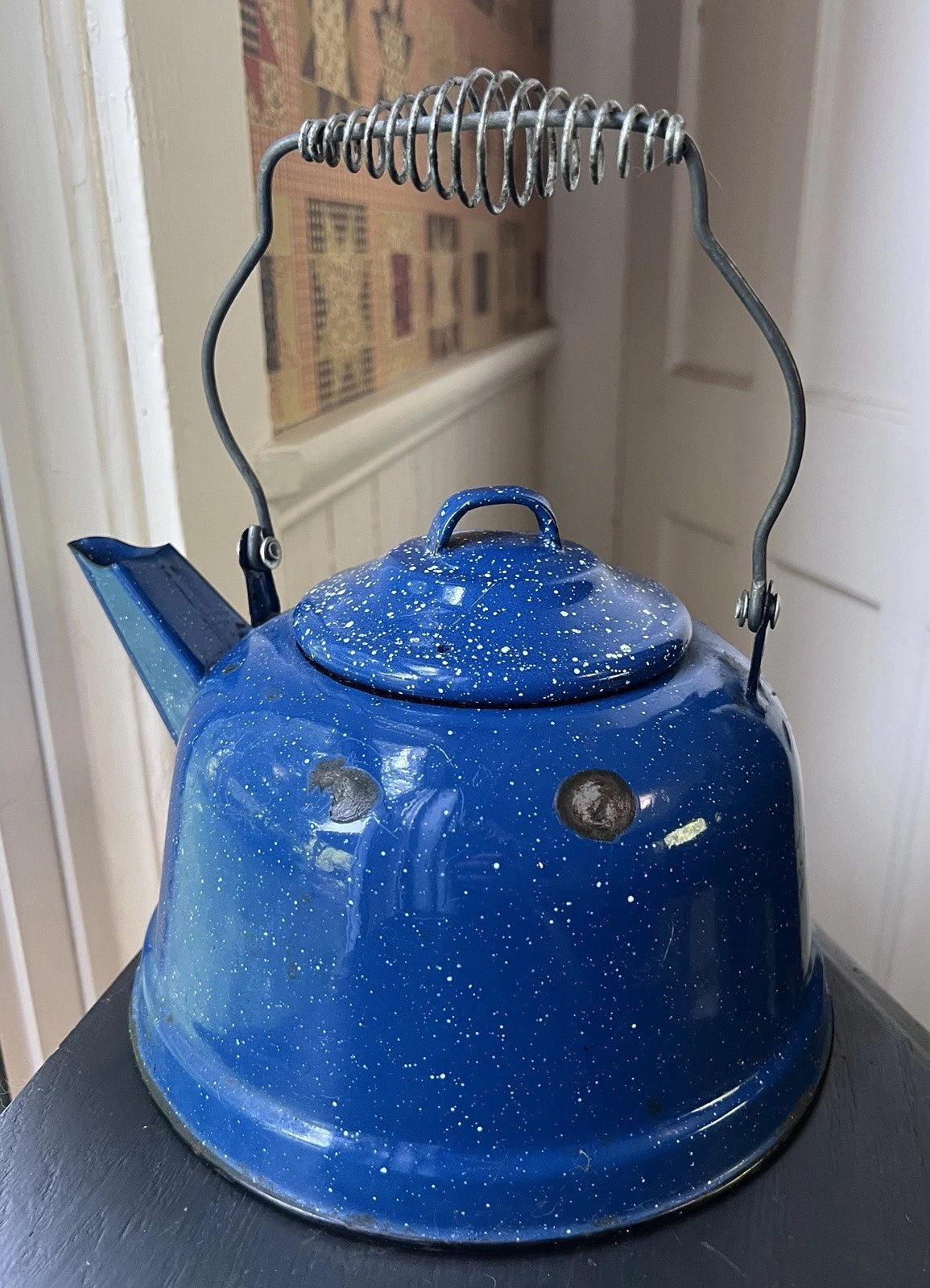 VTG Blue Enamel Teapot Kettle White Speckles Camping Outdoor Handle 8.25" Patina | eBay