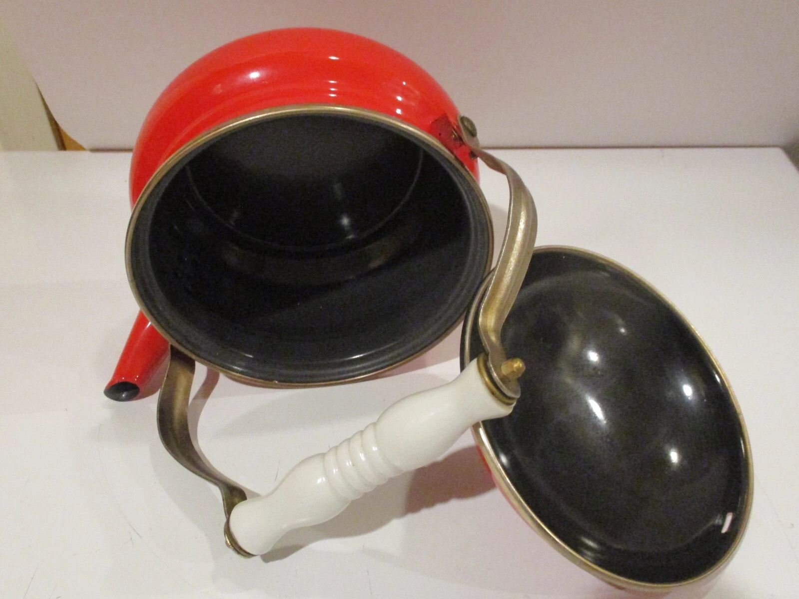 Vintage Bright Red Enamel Tea Pot Kettle w White Wooden Handle Brass fittings | eBay